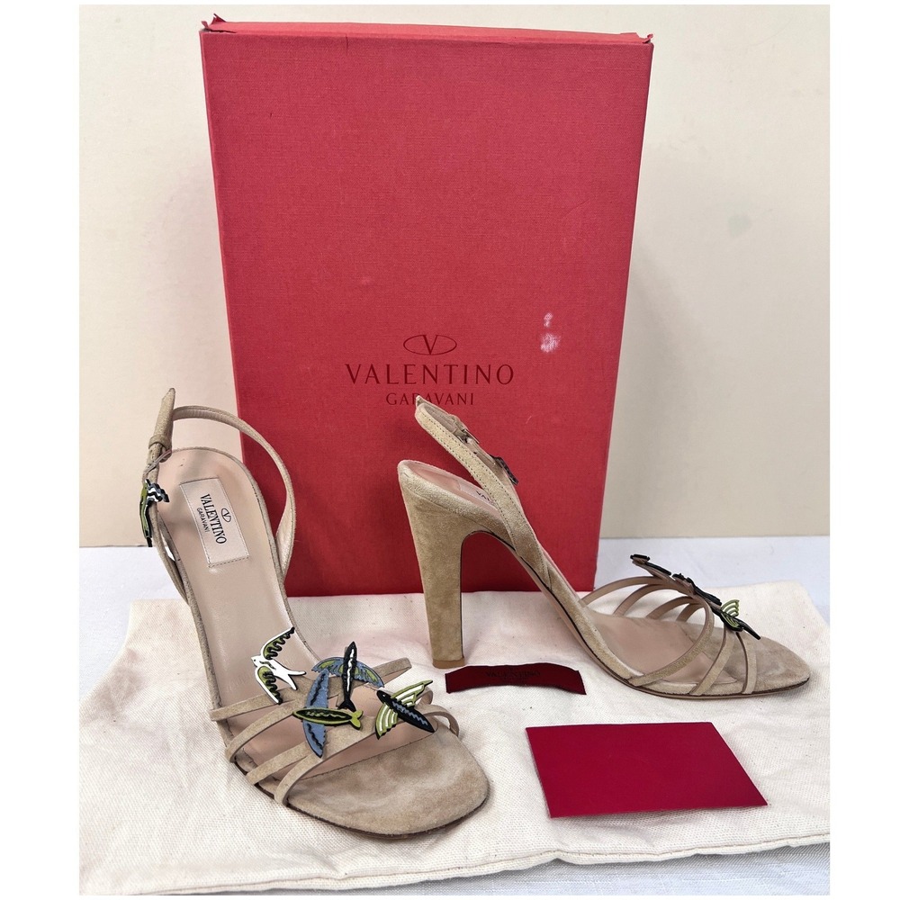 Valentino Garavani Sandals Womens 38 Tan Excellent Enamel Bird Suede Heels